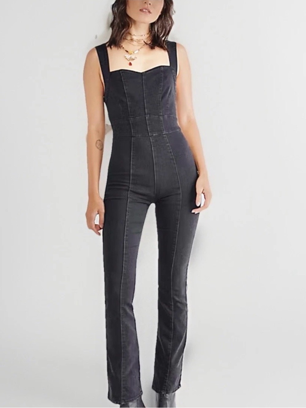 Free People We The Free NWOT Light My Fire Charcoal Black Jumpsuit Overalls, Med